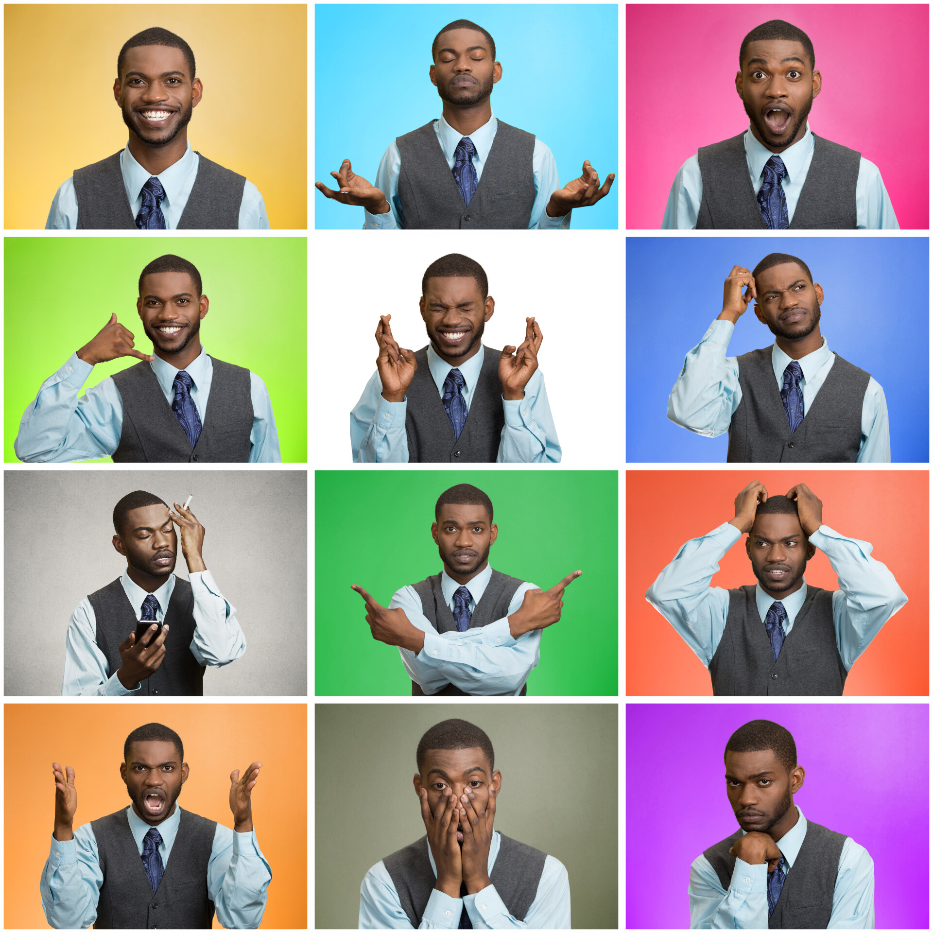 AdobeStock Lichaamstaal - een raster van 12 foto's met op elke foto dezelfde persoon die verschillende emoties toont